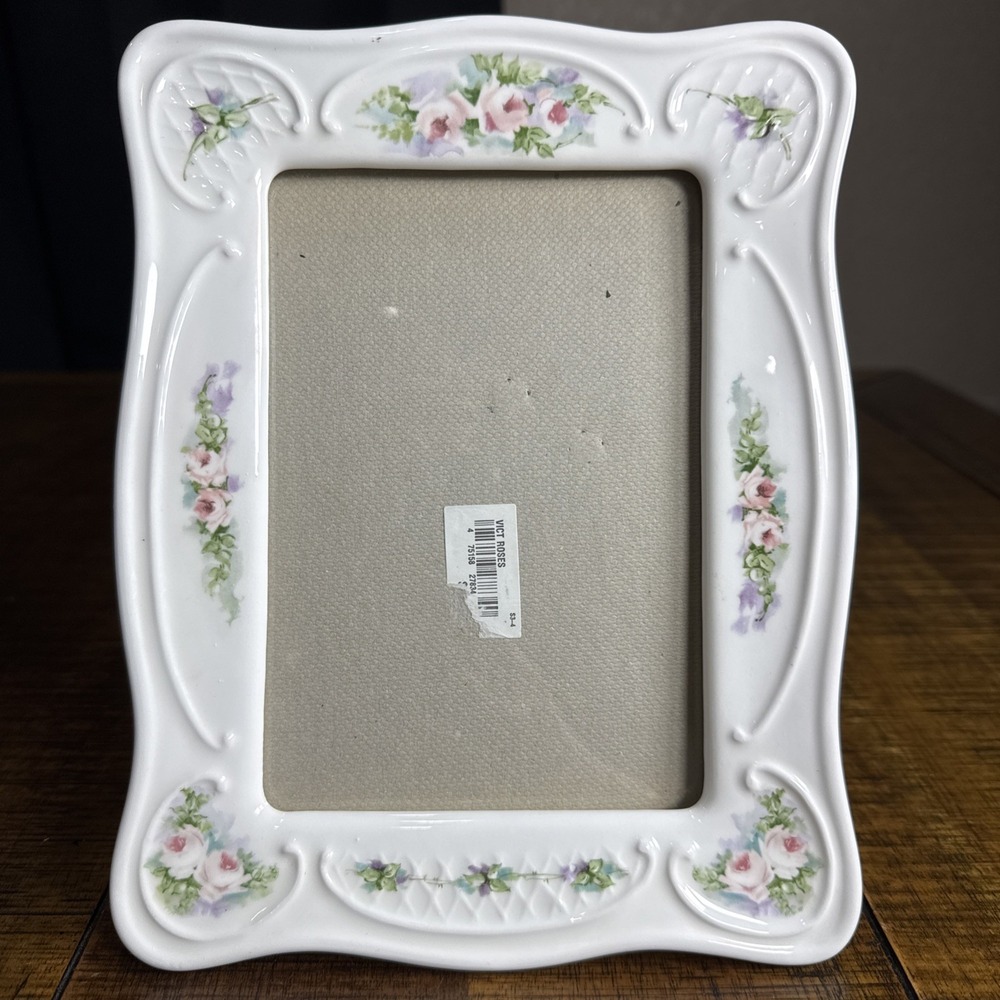Vtg Ceramic Floral Picture Frame Pink Purple Green Flowers 3D  4.5"x 6.5" Inside